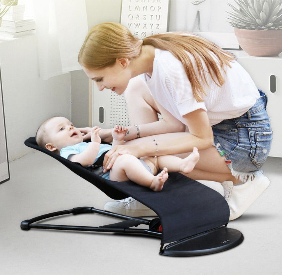 Leżaczek bujaczek dla niemowląt składany + Zabawka - czarny - obrazek 9