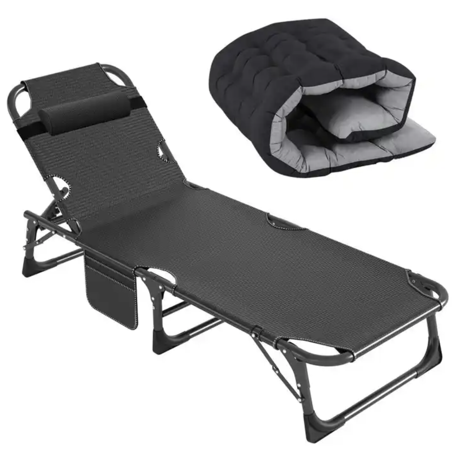 Łóżko Przenośne, Rozkładane, Polowe, kanadyjka z Materacem - Czarne - obrazek 6