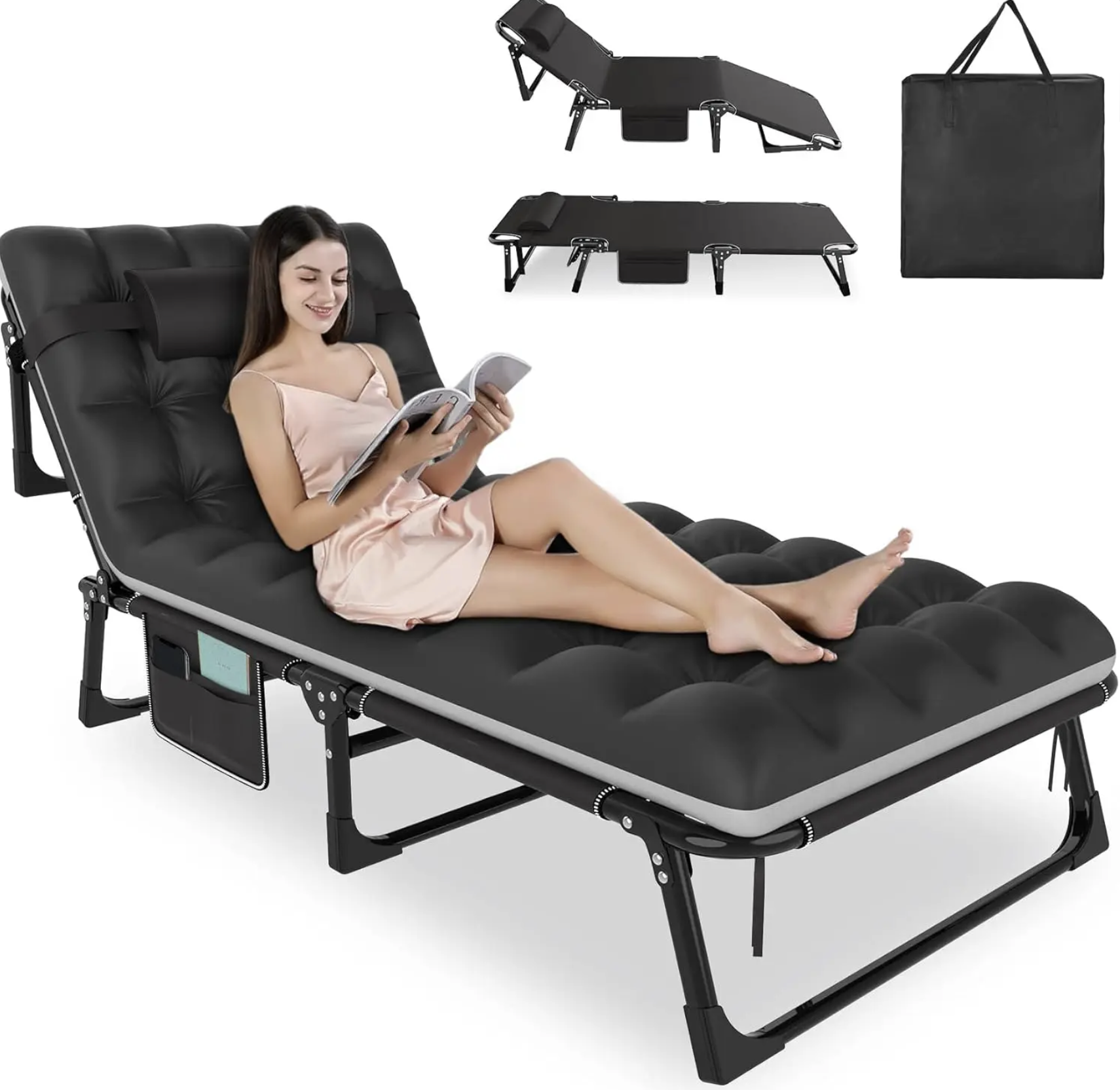 Łóżko Przenośne, Rozkładane, Polowe, kanadyjka z Materacem - Czarne - obrazek 2