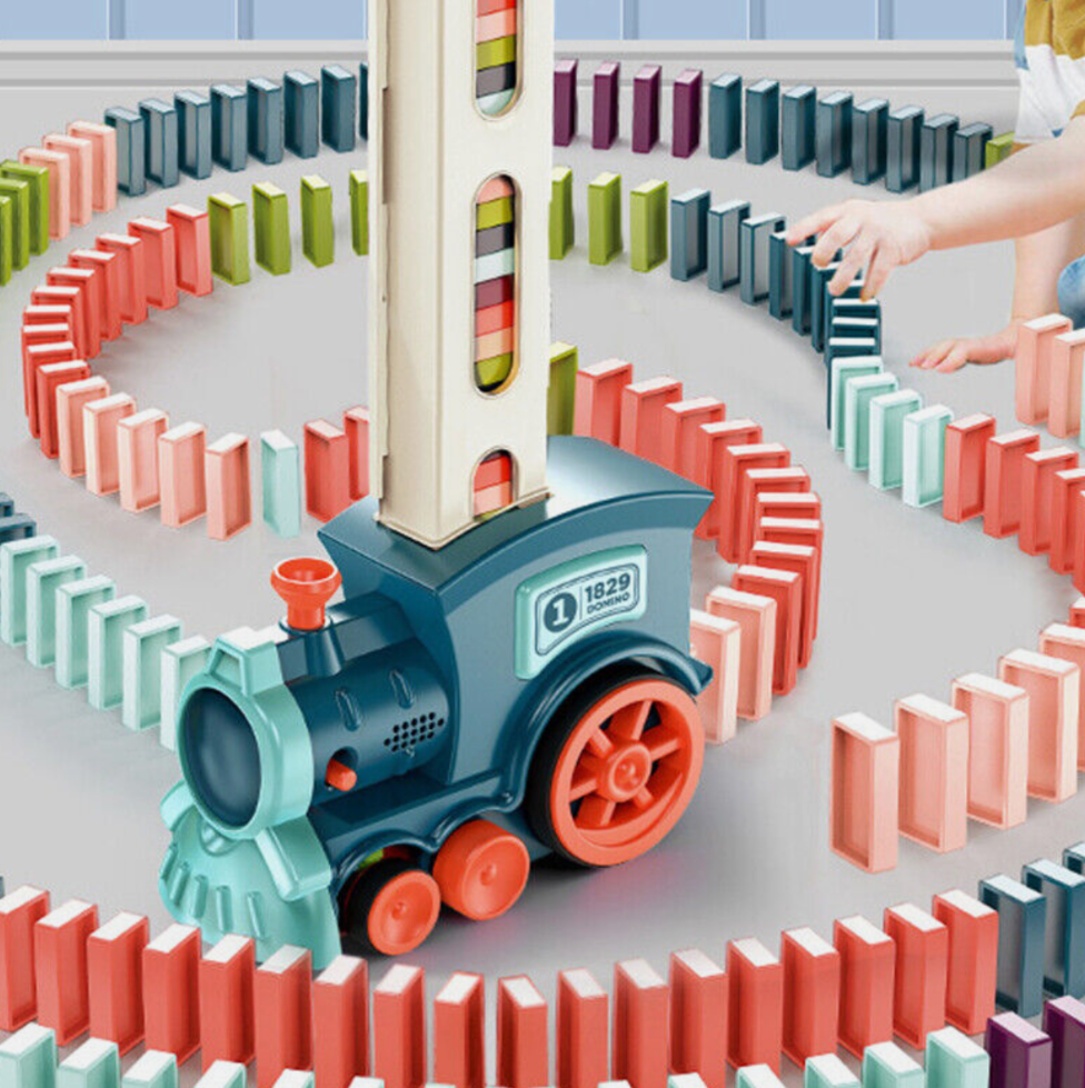 Interaktywny Pociąg, Kolejka układająca Domino dla Dzieci - Niebieska 200 klocków - obrazek 6