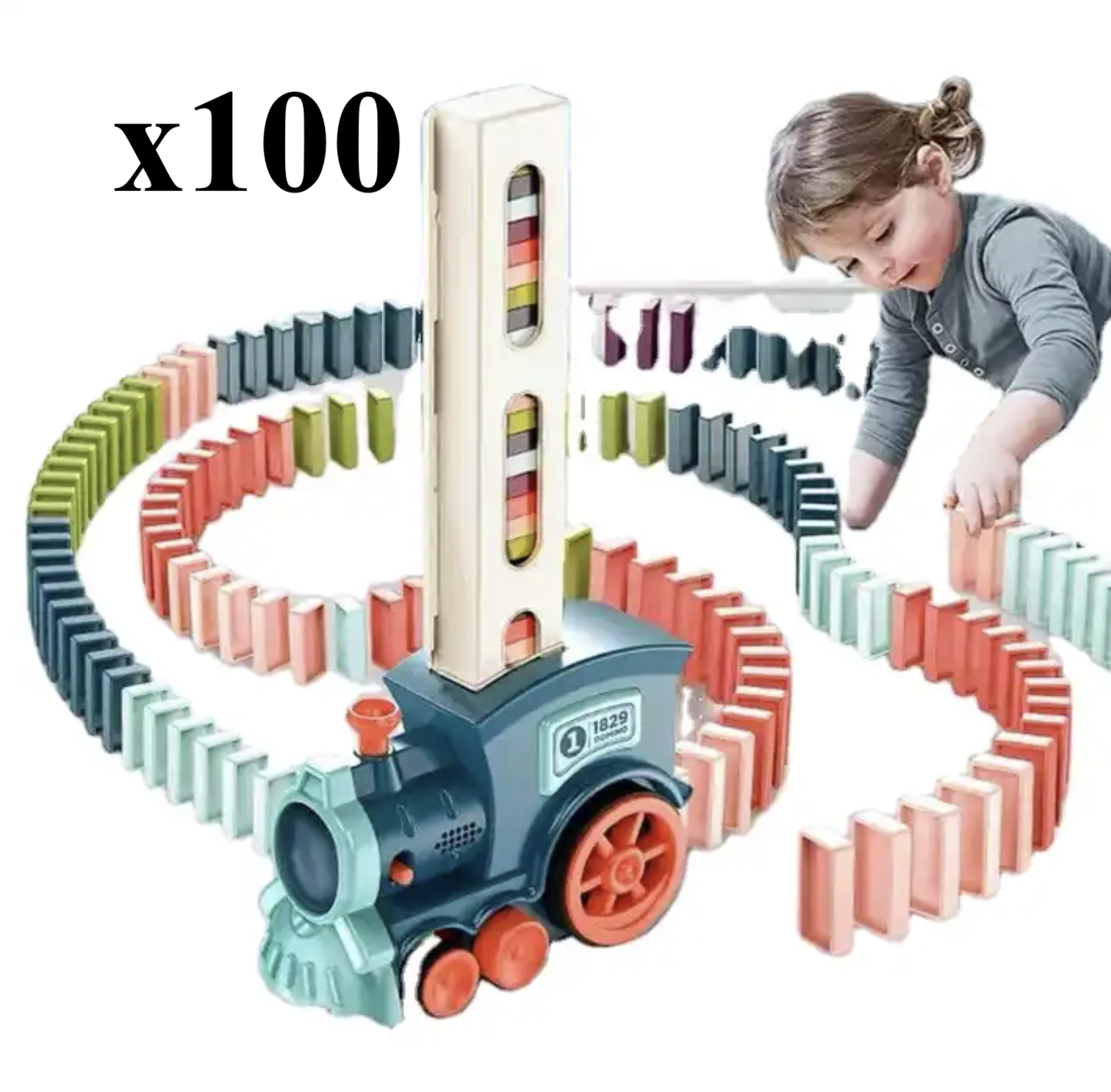 Interaktywny Pociąg, Kolejka układająca Domino dla Dzieci - Niebieska 100 klocków