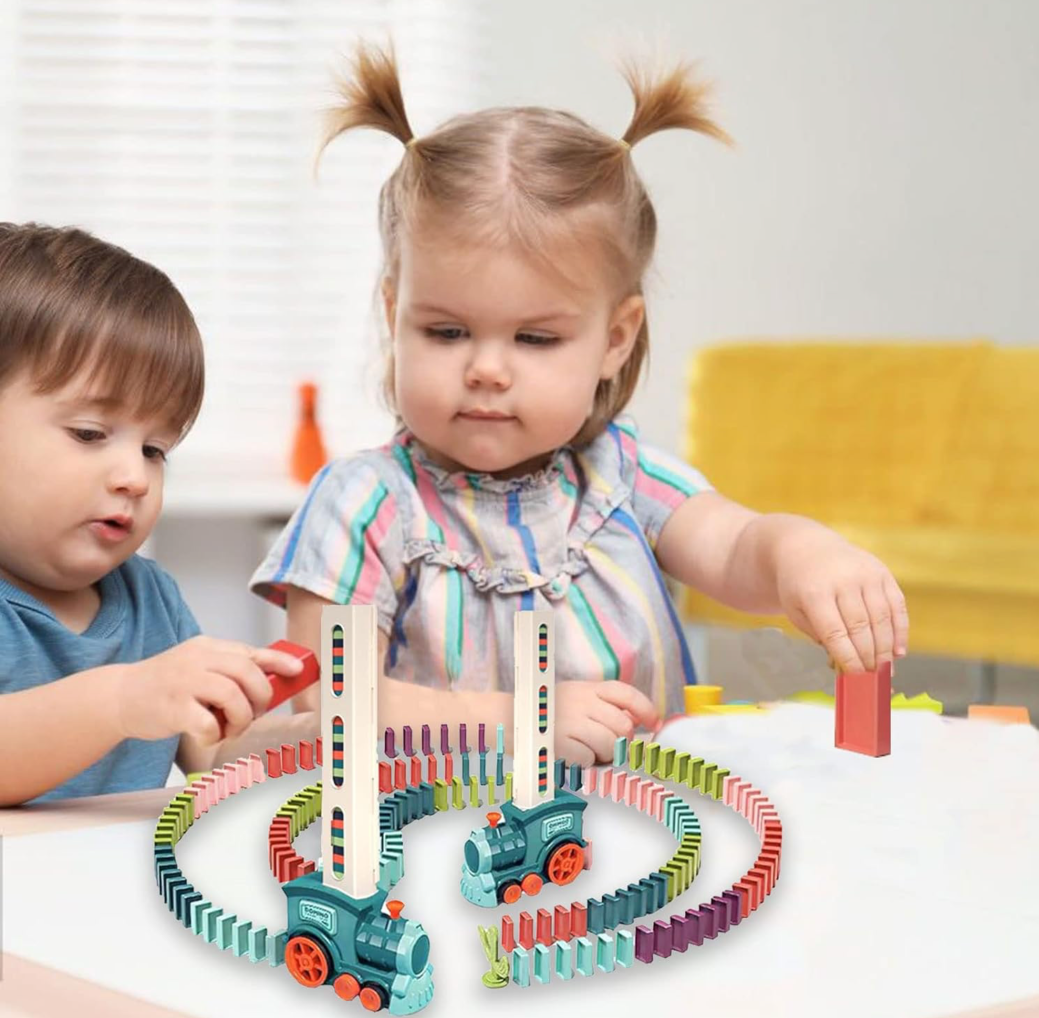 Interaktywny Pociąg, Kolejka układająca Domino dla Dzieci - Niebieska 120 klocków - obrazek 5
